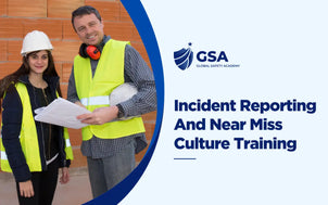 Global Safety Academy Incident Reporting And Near Miss Culture Training image showing male and female construction workers in safety vests and hard hats holding site plans