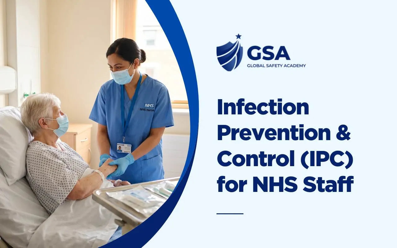 Infection Prevention and Control IPC for NHS Staff training with an NHS nurse wearing a face mask and gloves caring for an elderly patient in a hospital bed