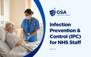 Infection Prevention and Control IPC for NHS Staff training with an NHS nurse wearing a face mask and gloves caring for an elderly patient in a hospital bed