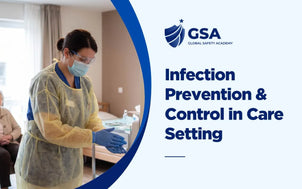 Infection Prevention and Control in Care Setting with a healthcare worker wearing protective equipment and a face mask in a care room