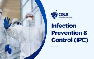 Infection Prevention & Control IPC Training course banner by Global Safety Academy featuring a worker in full hazmat PPE suit