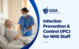 Infection Prevention and Control IPC for NHS Staff training with an NHS nurse wearing a face mask and gloves caring for an elderly patient in a hospital bed