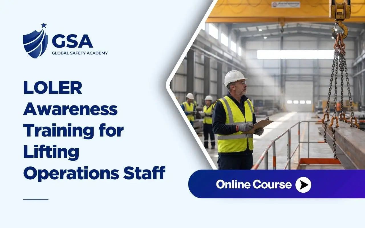LOLER Awareness Training for Lifting Operations Staff online course featuring an inspector holding a clipboard near overhead crane lifting equipment in a warehouse