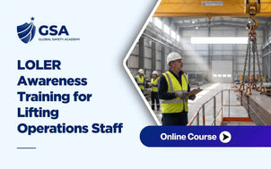 LOLER Awareness Training for Lifting Operations Staff online course featuring an inspector holding a clipboard near overhead crane lifting equipment in a warehouse