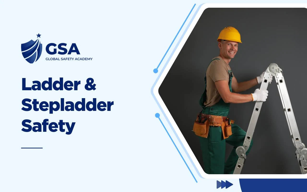 Ladder and Stepladder Safety course featuring a worker in a hard hat handling a stepladder