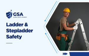 Ladder and Stepladder Safety course featuring a worker in a hard hat handling a stepladder