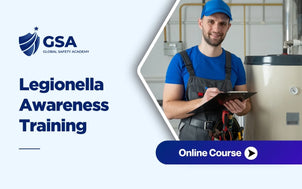 Legionella awareness training course featuring a maintenance technician inspecting a hot water system and completing safety checks to prevent Legionnaires' disease and waterborne bacteria risks.