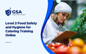 Level 2 Food Safety and Hygiene course banner depicting a food safety inspector writing on a clipboard near fresh produce.