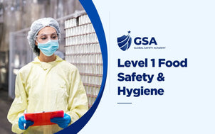 Level 1 Food Safety and Hygiene course banner by Global Safety Academy featuring a quality assurance worker wearing protective hairnet and face mask