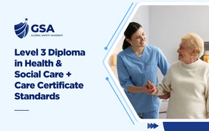 Level 3 Diploma in Health & Social Care course banner by Global Safety Academy with a nurse supporting a senior woman