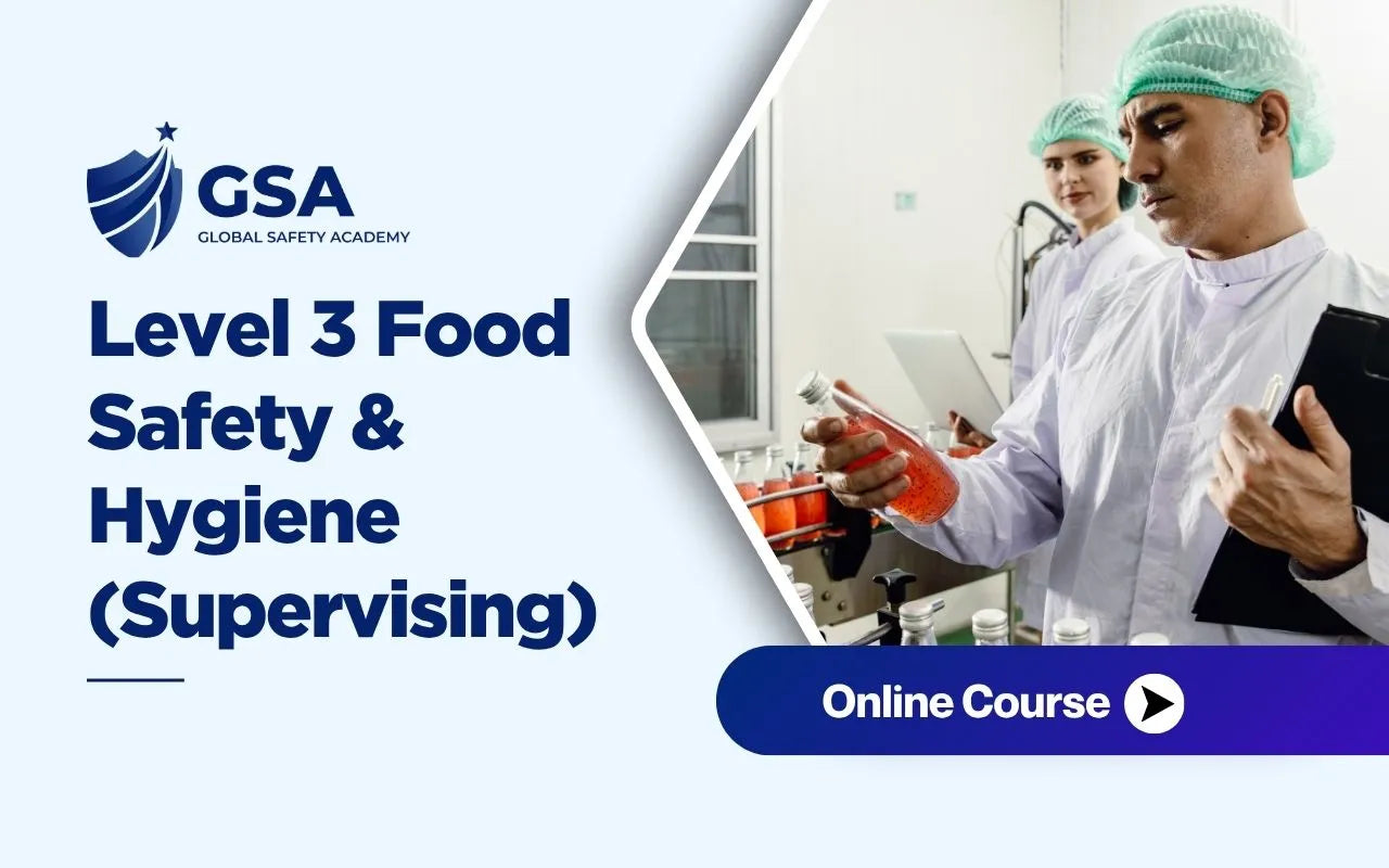 Level 3 Food Safety and Hygiene Supervising course banner by Global Safety Academy featuring quality control inspectors in protective wear examining beverage production