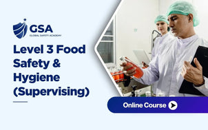 Level 3 Food Safety and Hygiene Supervising course banner by Global Safety Academy featuring quality control inspectors in protective wear examining beverage production