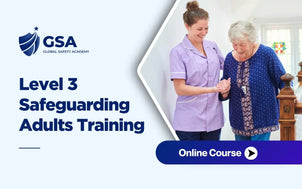 Course banner for Level 3 Safeguarding Adults Training by Global Safety Academy, featuring a female caregiver in a purple uniform assisting an elderly woman down the stairs.