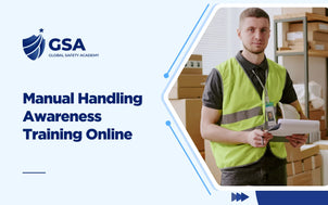 Manual Handling Awareness Training banner featuring a warehouse worker wearing a safety vest holding a clipboard.