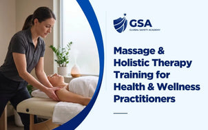 Massage and Holistic Therapy Training for Health and Wellness Practitioners course featuring a therapist massaging a client's shoulders on a treatment table in a bright room