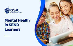 Mental Health in SEND Learners banner featuring three diverse students collaborating around a tablet.