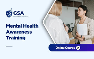 Mental Health Awareness Training course banner by Global Safety Academy featuring two female colleagues conversing in an office