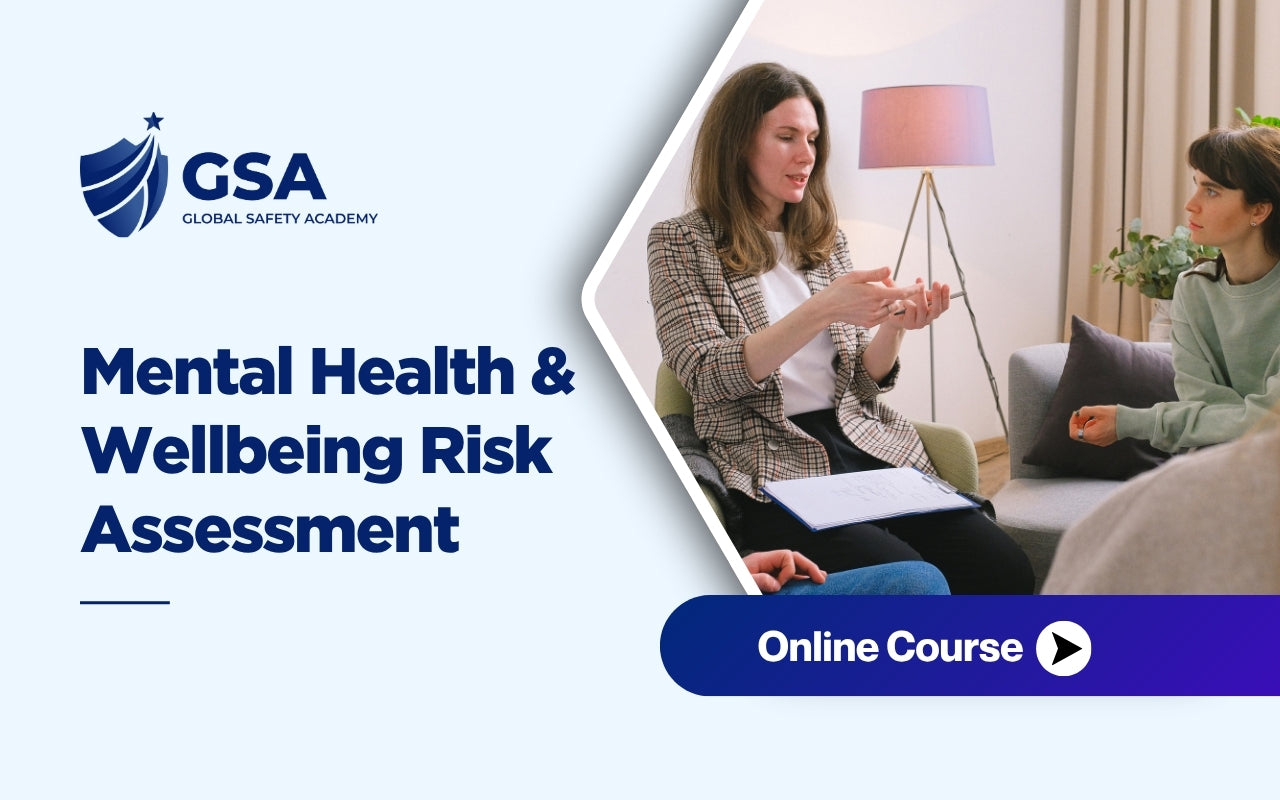 Mental Health & Wellbeing Risk Assessment training graphic showing a psychological health evaluation or workplace stress management therapy session.