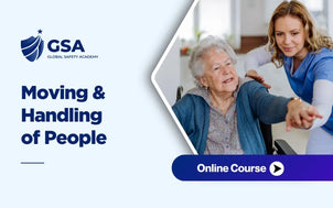 Moving & Handling of People course banner by Global Safety Academy featuring a care worker assisting an elderly woman