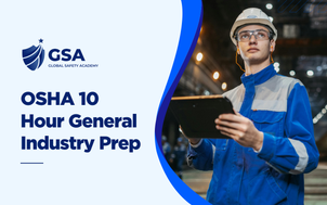 Global Safety Academy OSHA 10 Hour General Industry Prep course image showing a technician wearing a white hard hat, safety glasses, and ear protection holding a digital tablet in an industrial facility