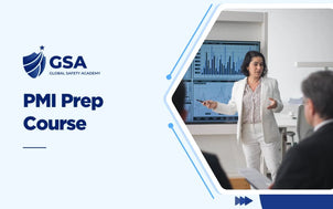 PMI Prep Course training with a female instructor in a white suit presenting data and project charts on a large screen to colleagues in an office