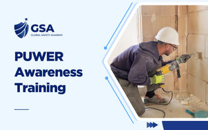 PUWER Awareness Training banner featuring a construction worker operating power machinery.