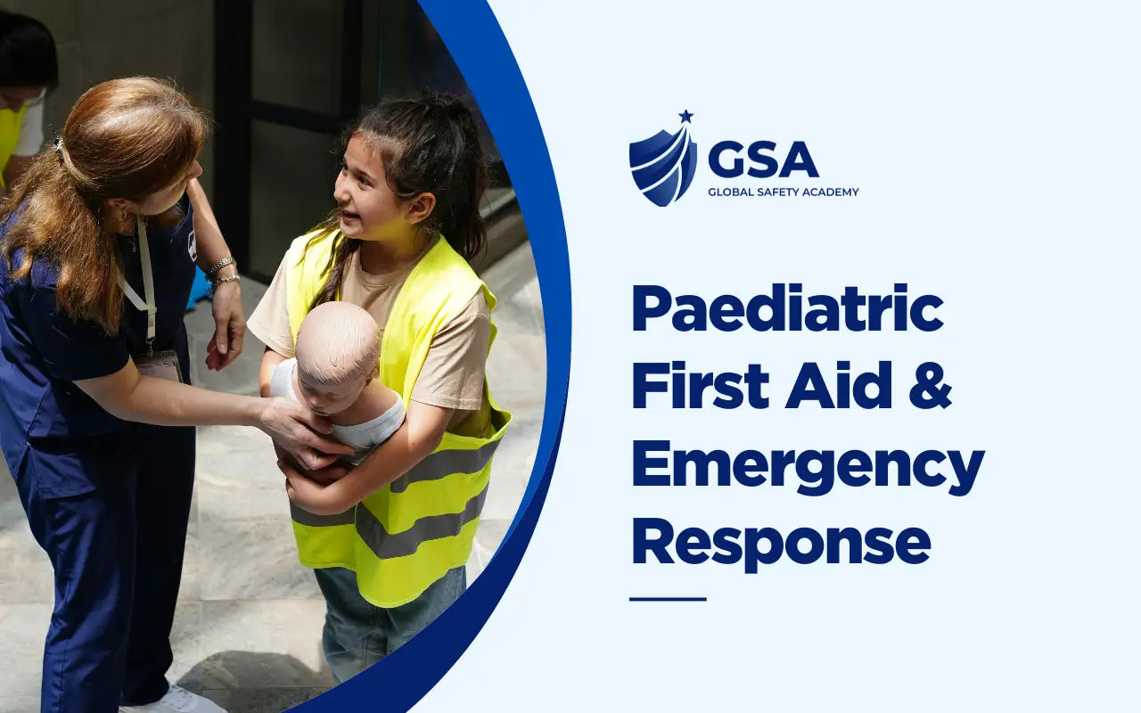 Global Safety Academy Paediatric First Aid & Emergency Response course banner showing an instructor guiding a participant wearing a yellow high-vis vest in handling an infant CPR training mannequin
