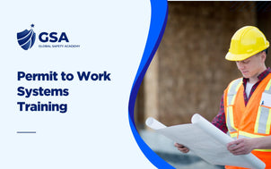 Permit to Work Systems Training course banner depicting a construction manager inspecting site blueprints.