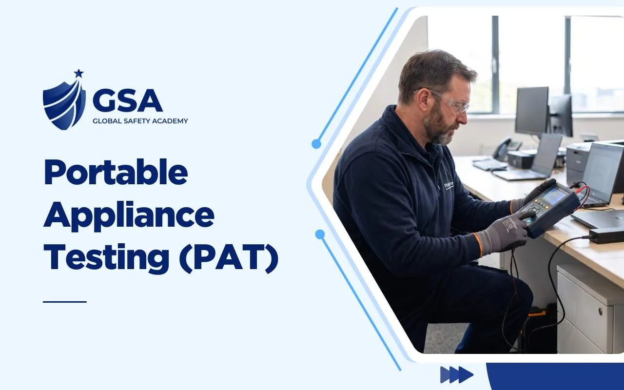 Portable Appliance Testing (PAT) training with a technician using testing equipment in an office