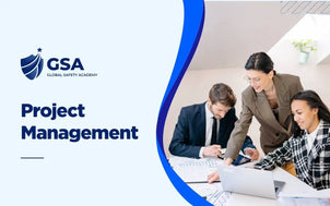 Project Management course featuring business professionals collaborating over documents and a laptop in an office