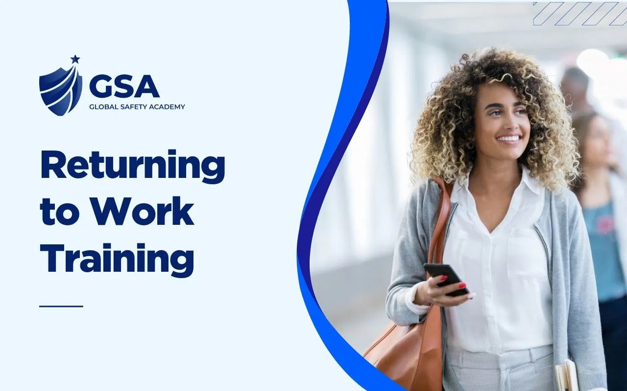 Course graphic for Returning to Work Training showing a female employee confidently entering an office environment.