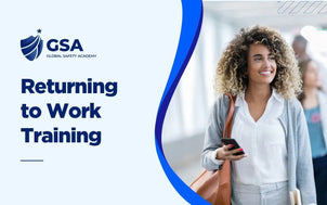 Course graphic for Returning to Work Training showing a female employee confidently entering an office environment.