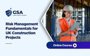 Risk Management Fundamentals for UK Construction Projects online course featuring a construction professional conducting a site risk assessment.