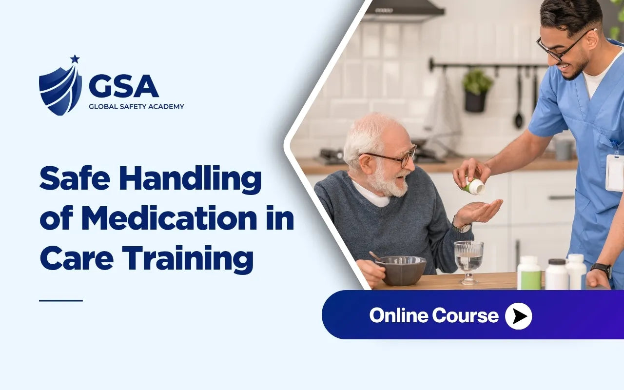 Safe Handling of Medication in Care Training online course graphic showing a nurse giving medicine to a senior citizen.