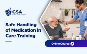 Safe Handling of Medication in Care Training online course graphic showing a nurse giving medicine to a senior citizen.