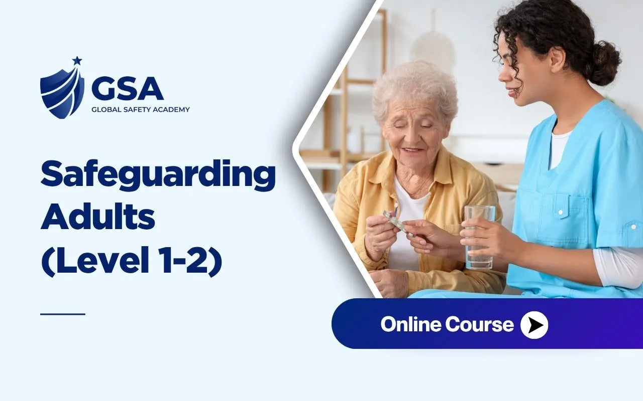 Safeguarding Adults Level 1-2 online course banner by Global Safety Academy featuring a care worker assisting an elderly woman with medication