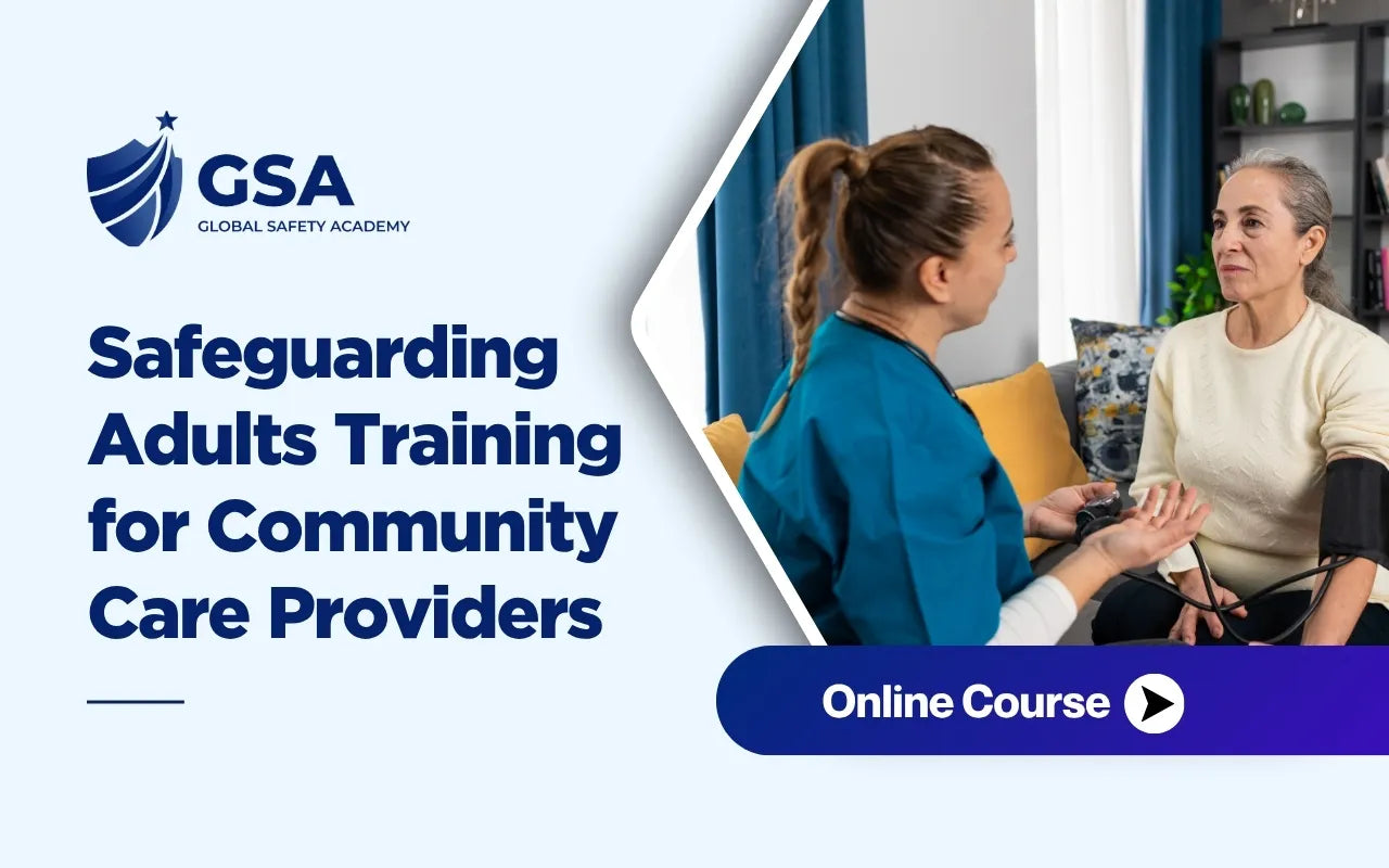 Course banner for Safeguarding Adults Training for Community Care Providers by Global Safety Academy, showing a home care nurse in blue scrubs checking the blood pressure of an elderly female patient on a sofa.