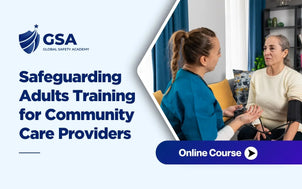 Course banner for Safeguarding Adults Training for Community Care Providers by Global Safety Academy, showing a home care nurse in blue scrubs checking the blood pressure of an elderly female patient on a sofa.