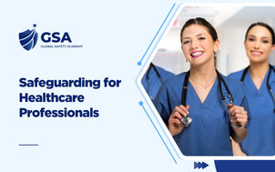 Safeguarding for Healthcare Professionals banner showing healthcare workers wearing blue scrubs and stethoscopes.
