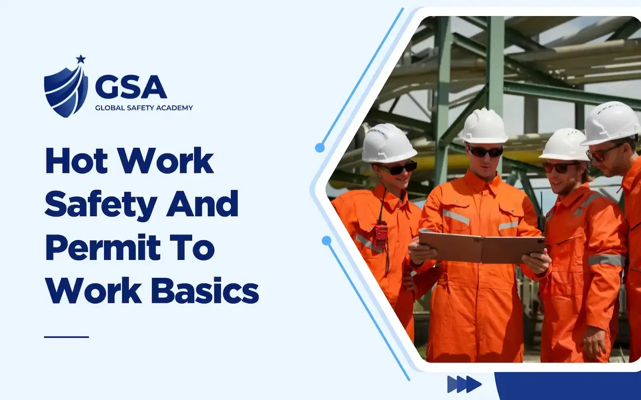 Hot Work Safety And Permit To Work Basics course banner featuring Global Safety Academy logo and industrial workers reviewing a digital permit on site.