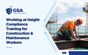 Working at Height Compliance Training for Construction and Maintenance Workers featuring a worker in a safety harness and hard hat working on steel framework at height