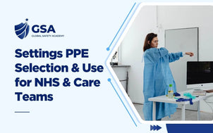 Settings PPE Selection and Use for NHS and Care Teams training with a healthcare worker putting on a protective blue gown in a room