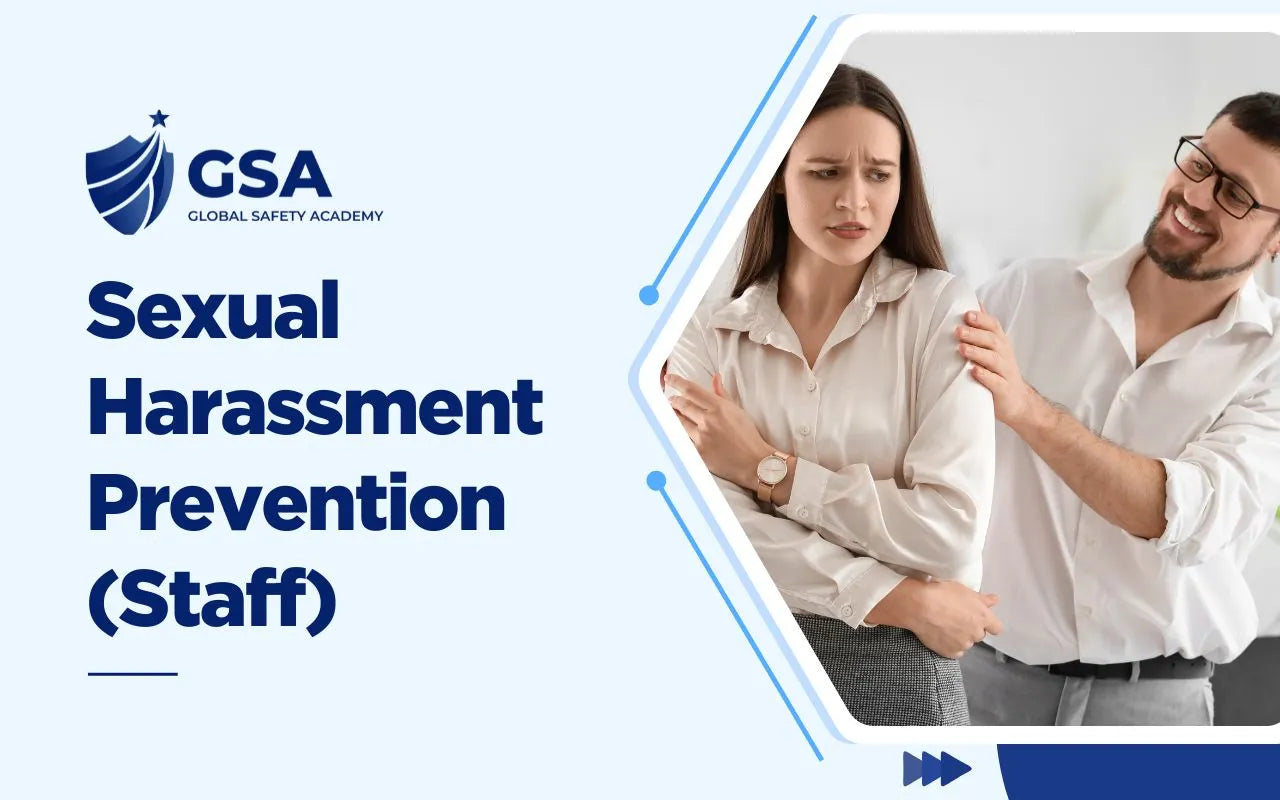 Sexual Harassment Prevention Staff course banner by Global Safety Academy depicting inappropriate workplace physical contact