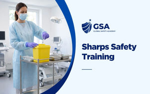 Sharps Safety Training with a healthcare worker disposing of a needle in a container in a medical facility