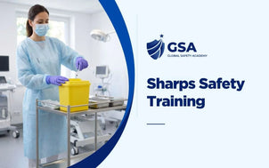Sharps Safety Training with a healthcare worker disposing of a needle in a container in a medical facility