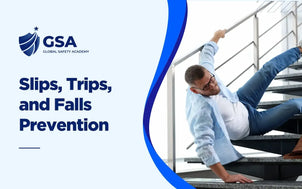 Slips, Trips, and Falls Prevention course image showing a person slipping on stairs.
