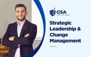 Strategic Leadership & Change Management online course graphic showing a professional male corporate executive.