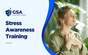Stress Awareness Training course banner by Global Safety Academy featuring a woman taking a calm deep breath