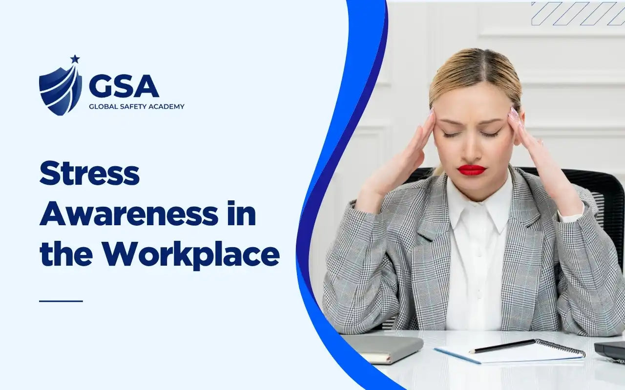 Stress Awareness in the Workplace course graphic showing a professional woman experiencing a headache at work.