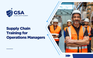 Supply chain training banner showing operations managers in a warehouse environment with safety equipment.